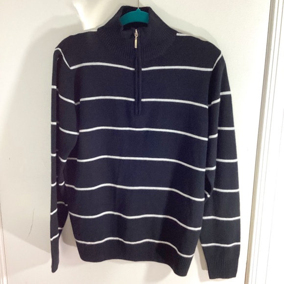CENTRAL PARK LOUNGE MEN SIZE MEDIUM KNIT BLACK WHITE STRIPE SWEATER 1/4 ZIP NECK - Picture 1 of 11